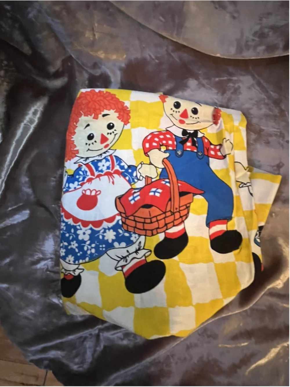 vintage raggedy ann and andy curtain panel pair set yellow checkered SEE PICTURE